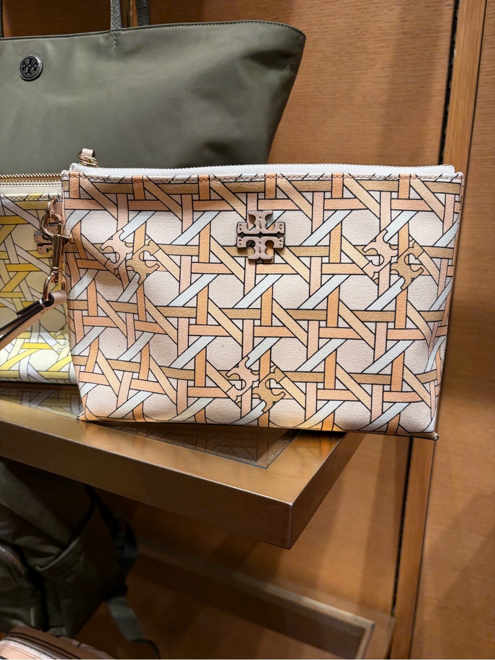Tory Burch Cream & Tan Geometric Logo Wristlet pink new with tag